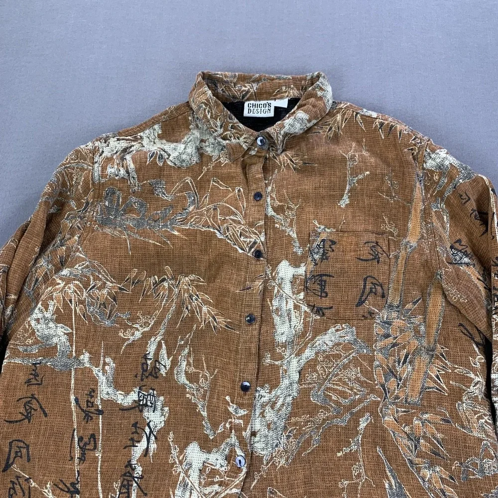 Chicos Design Shirt Womens Sz 3 / XXL Brown Linen Asian Print Button Front Top - Picture 3 of 13